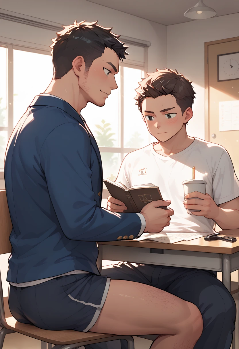 A boy is sitting in a chair studying in his room, while another man stands next to him, tutoring him. The boy is a Japanese male high school student with short brown hair, wearing a T-shirt and shorts. The other man is a Japanese male in his 30s with short black hair, slightly hairy, and wearing a formal jacket.