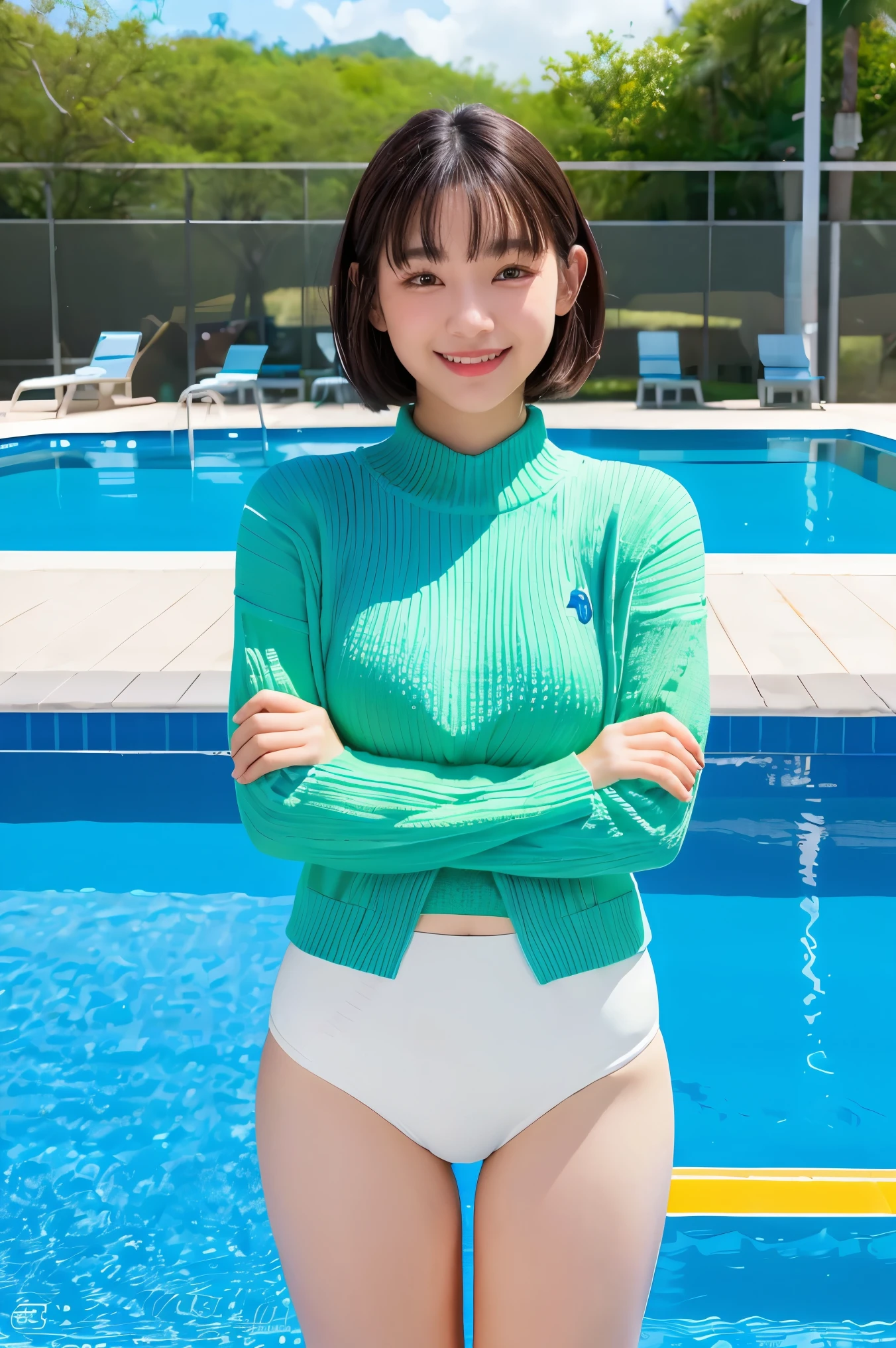 ,   Japanese Girls ,  (smile:0.7), Arms crossed, Cross your arms, I hold you in my arms, boost,  Upper Body, White long sleeve knit, Separate swimsuit, big  , Beautiful thighs,Please reconsider, Narrow waist, Thin thighs, Thin legs, Long legs, にやにやのsmile, Very short hair , Bob Hair, (High color saturation:1.0),  (Very detailed肌), (Highest quality:1.0), (Ultra-high resolution:1.0) ,(Realistic:1.0), (Very detailed:1.0), (8K, RAW Photos:1.1)