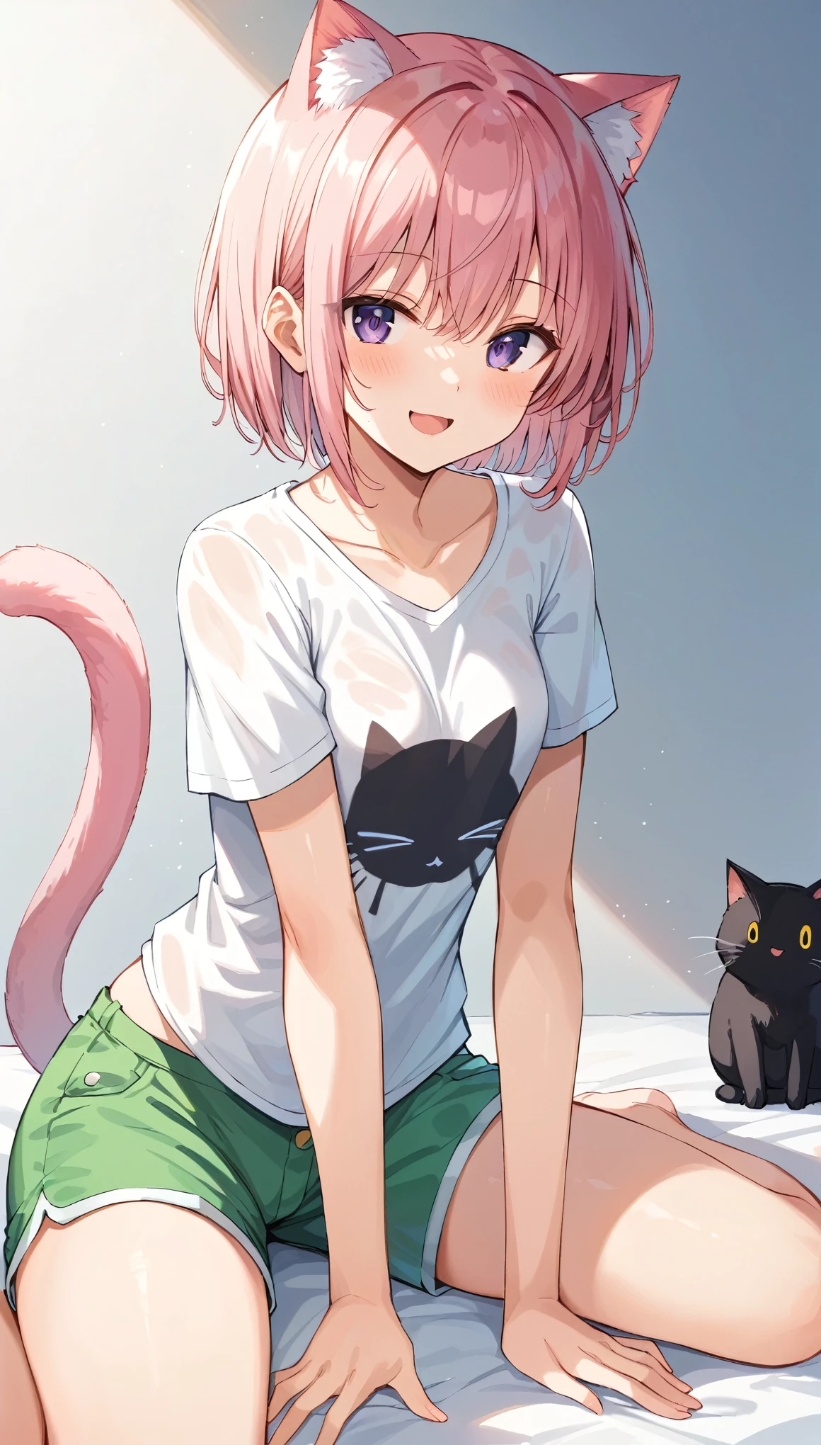 Masterpiece, Top quality, Super detail, the wallpaper, Break, , Cat ears, Pink hair, Big eyes, Long eyelashes, Mouth closed, Break, White T-shirt, Cat print picture, White panties, Tail, Break, Cat pose, arms back behind, Break, Background, Luxury bed, Break,
