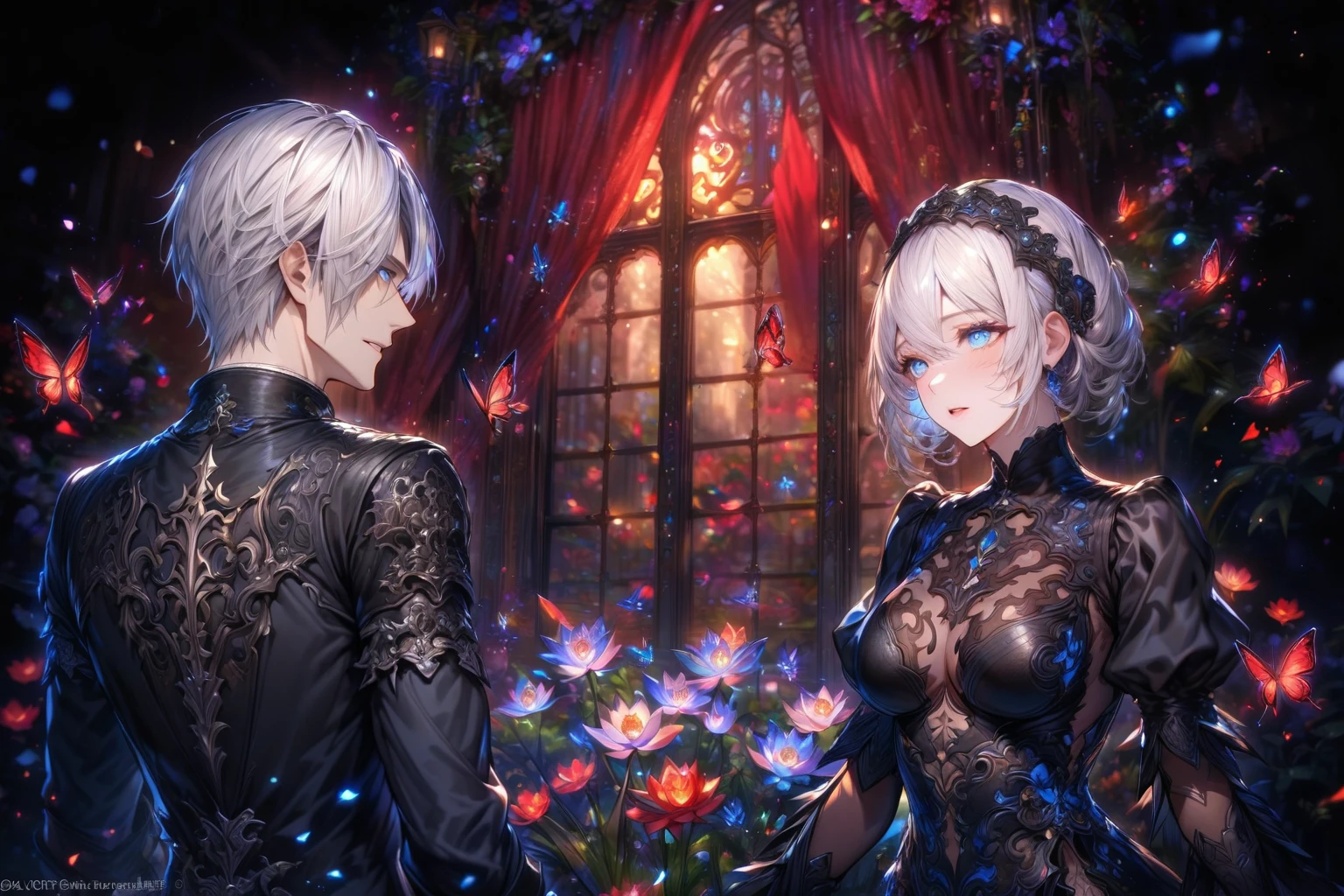 absurdres, highres, ultra detailed, HDR, master piece, best quality, extremely detailed, detailed eyes, detailed face, 9s, white hair, expressive blue eyes, Nier Automata, 2b, white hair, expressive blue eyes, handsome man together with a beautiful woman, couple, in love, handsome, adult face, black clothes, magical, fantasy, window, red curtains, garden, blue particles, red radiant butterflies, red glittering lotus, red petals