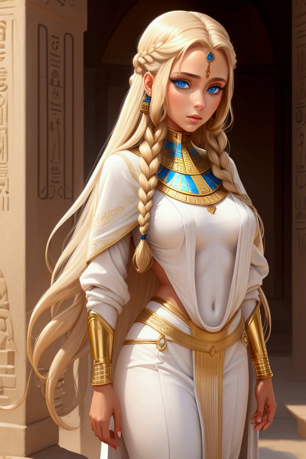 1 girl, blonde woman, From Ancient Egypt, yellow and blue dress, serious expression, crossed arms over chest