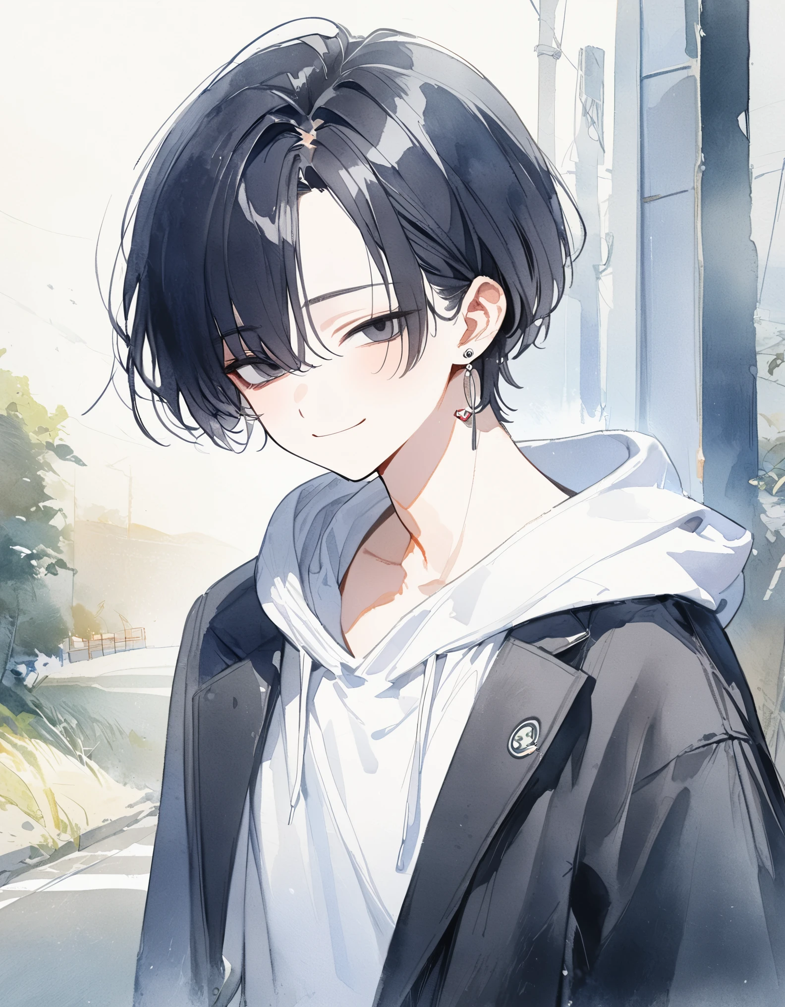 1 male,black hair,(short hair:1.4),(center part:1.3), straight hair,black eyes,((Snake Eye)),albino,{smile },from front,looking viewer, narrow eyes,cowboy shot,white hoodie,(black jacket), black slacks,earrings,white Tone, in the morning,roadside, watercolor , masterpiece,best quality,ultra detail, beautiful eyes