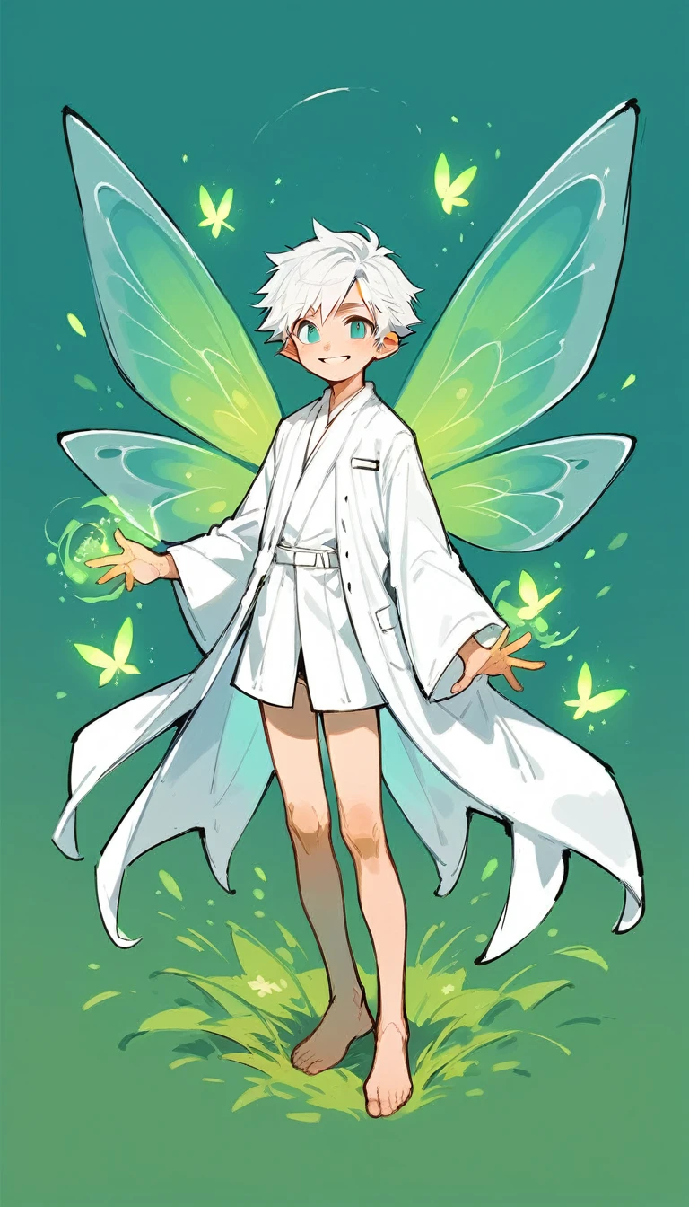 ****ung boy, smiling, handsome, solo, short tousled white hair, white robe, colorful fairy wings, sketch, full body, fairy magic, 