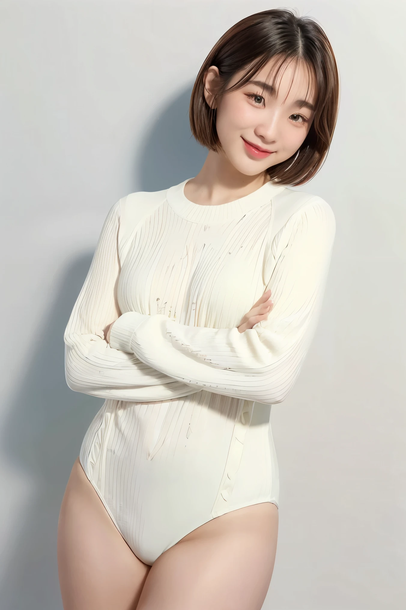 ,   Japanese Girls ,  (smile:0.7), Arms crossed, Cross your arms, I hold you in my arms, boost,  Upper Body, White long sleeve knit, Separate swimsuit, big  , Beautiful thighs,Please reconsider, Narrow waist, Thin thighs, Thin legs, Long legs, にやにやのsmile, Very short hair , Bob Hair, (High color saturation:1.0),  (Very detailed肌), (Highest quality:1.0), (Ultra-high resolution:1.0) ,(Realistic:1.0), (Very detailed:1.0), (8K, RAW Photos:1.1)