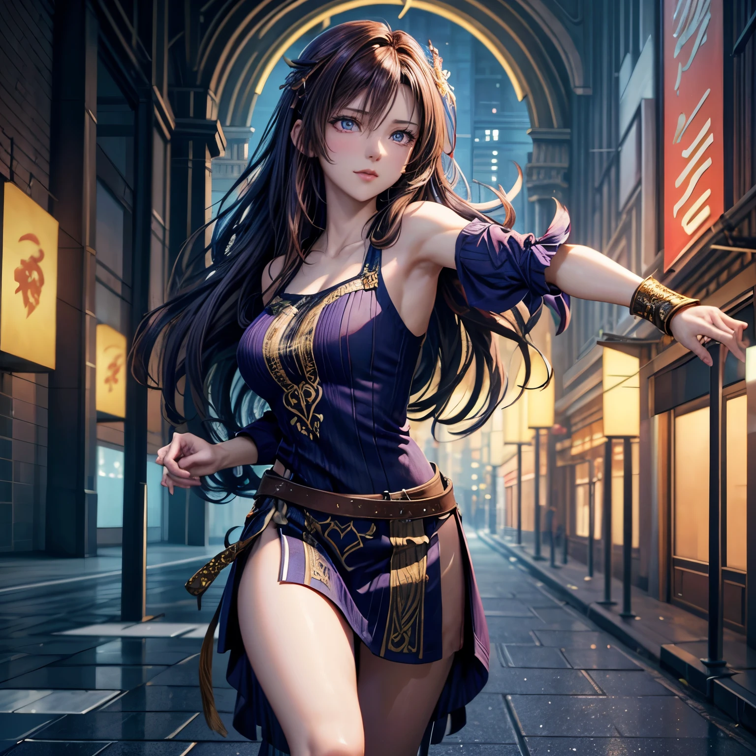 best quality, (masterpiece:1.2), illustration, absurdres,
(1girl), (solo), (beautiful detailed girl),
<lora:ZhangChunhua-08:0.8>, Zhang Chunhua, long hair, brown hair, single hair bun, hair ornament, jewelry, brown eyes, large breasts,
purple dress,  ornate dress, cleavage, bare shoulders, blue legwear, black boots,
city marketplace, fountain, buildings, trees, day, sky, clouds, sun,, top-down bottom-up, from above,
confident, proud, smile, looking at viewer,