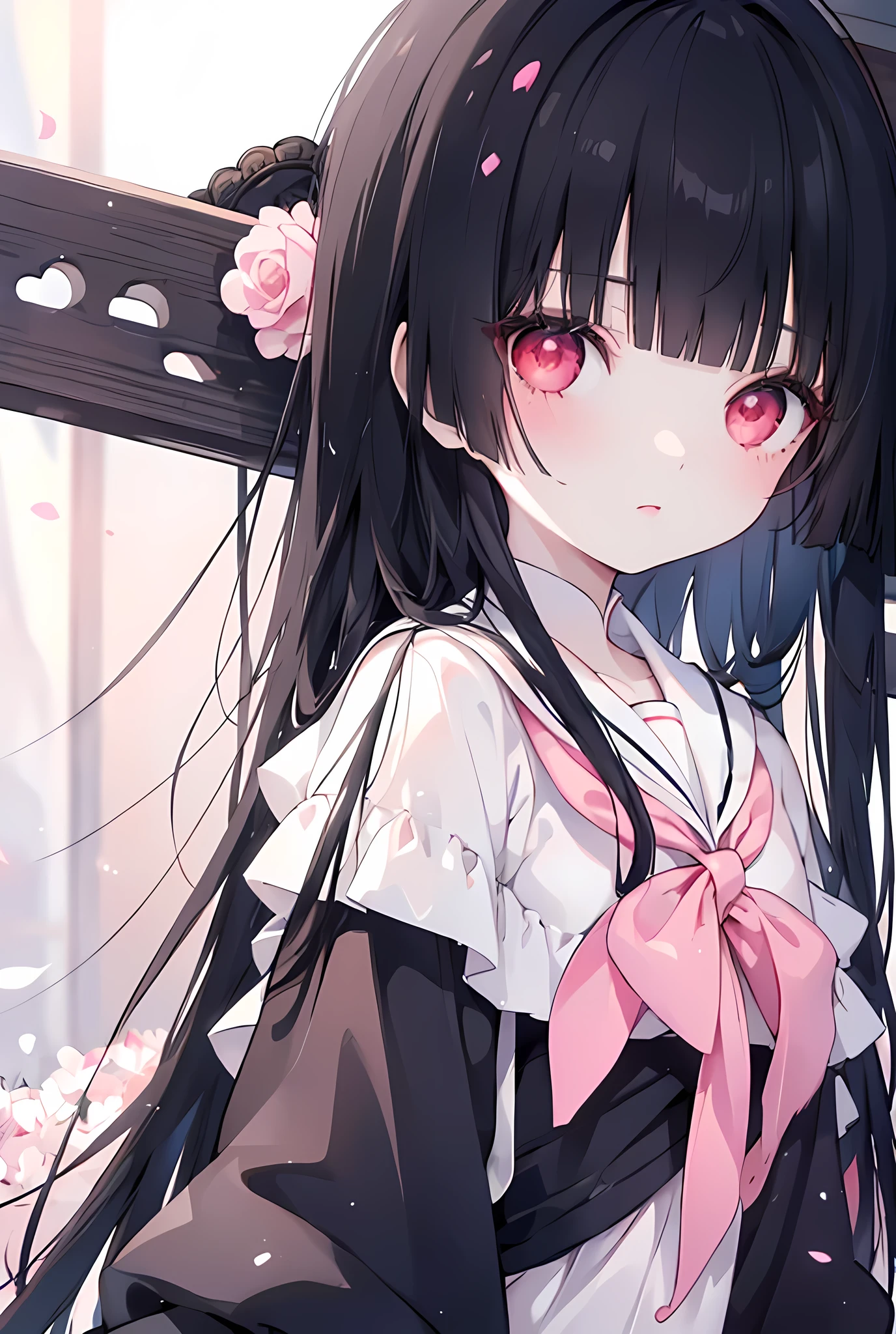 (Masterpiece)、Best Quality、Highest quality、High resolution、Very detailed、Glowing Skin、Bright highlights on eyes、Blushing、Black Hair、Pink Lips、Sailor suit、Red Eyes、Cute eyes、(whole body;1.2)、bed