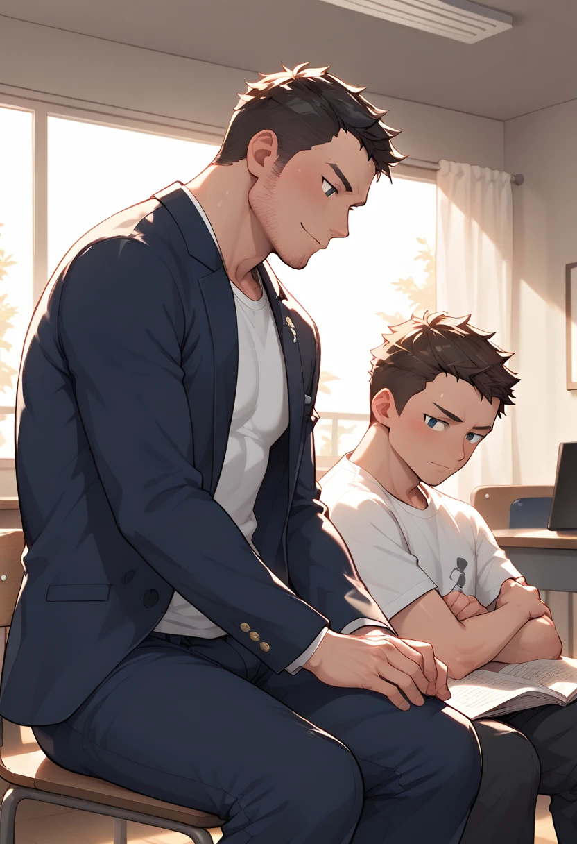 A boy is sitting in a chair studying in his room, while another man stands next to him, tutoring him. The boy is a Japanese male high school student with short brown hair, wearing a T-shirt and shorts. The other man is a Japanese male in his 30s with short black hair, slightly hairy, wearing a formal jacket and long pants.