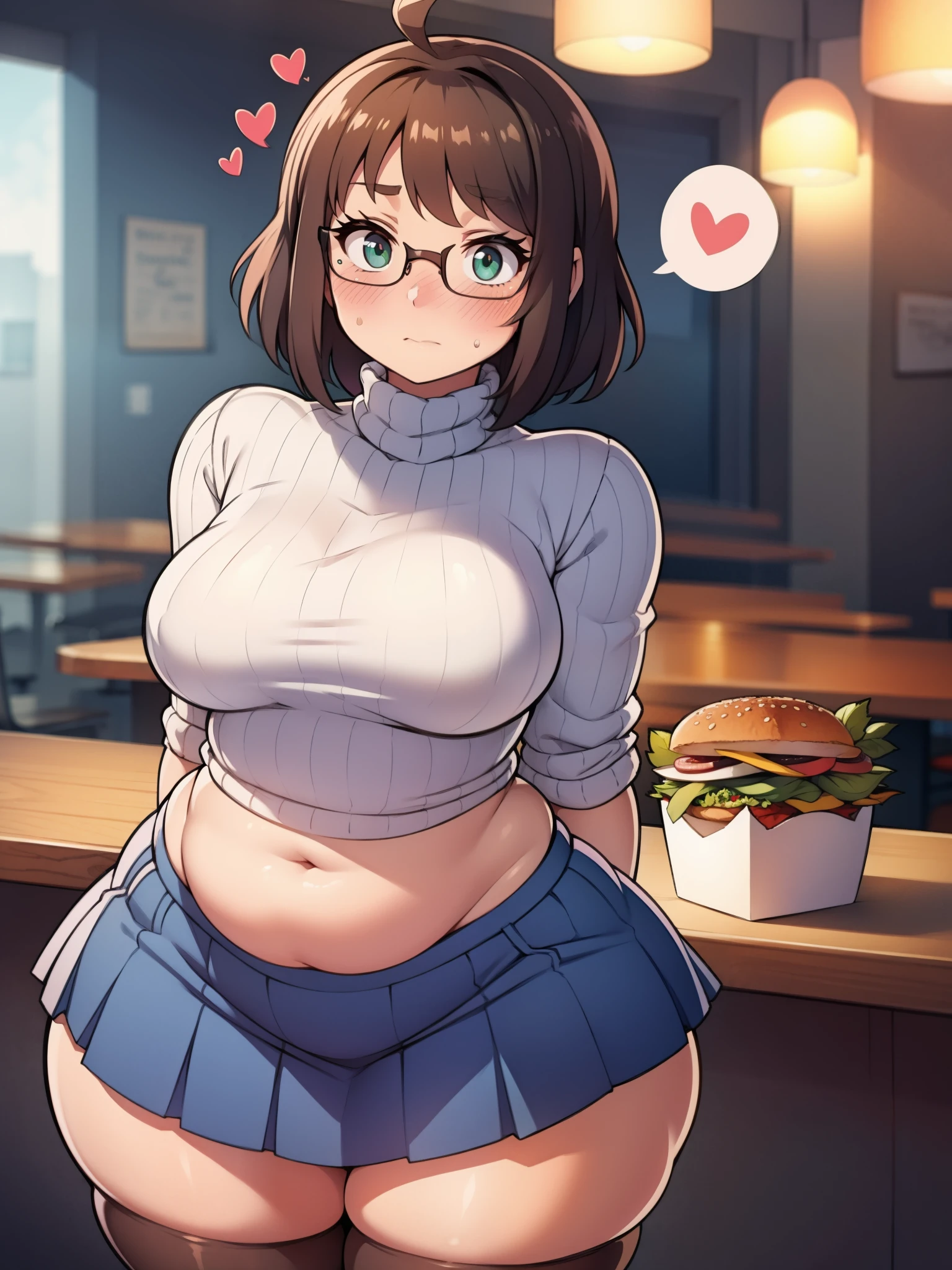 ((highres)), Masterpiece, high quality, best quality, beautiful, perfect lighting, detailed face, ultra cute face, ((1girl)), ((blush)), ((blush)), embarrassed, looking at viewer, skindentation, short brown hair, fluffy hair, green eyes, glasses, skirt, sweater, thigh highs, tight clothes, full body, fast food restaurant, small breasts, perky breasts, wide hips, (thick thighs), pudgy belly, standing, arms behind back, looking at viewer, table full of food, spoken heart,