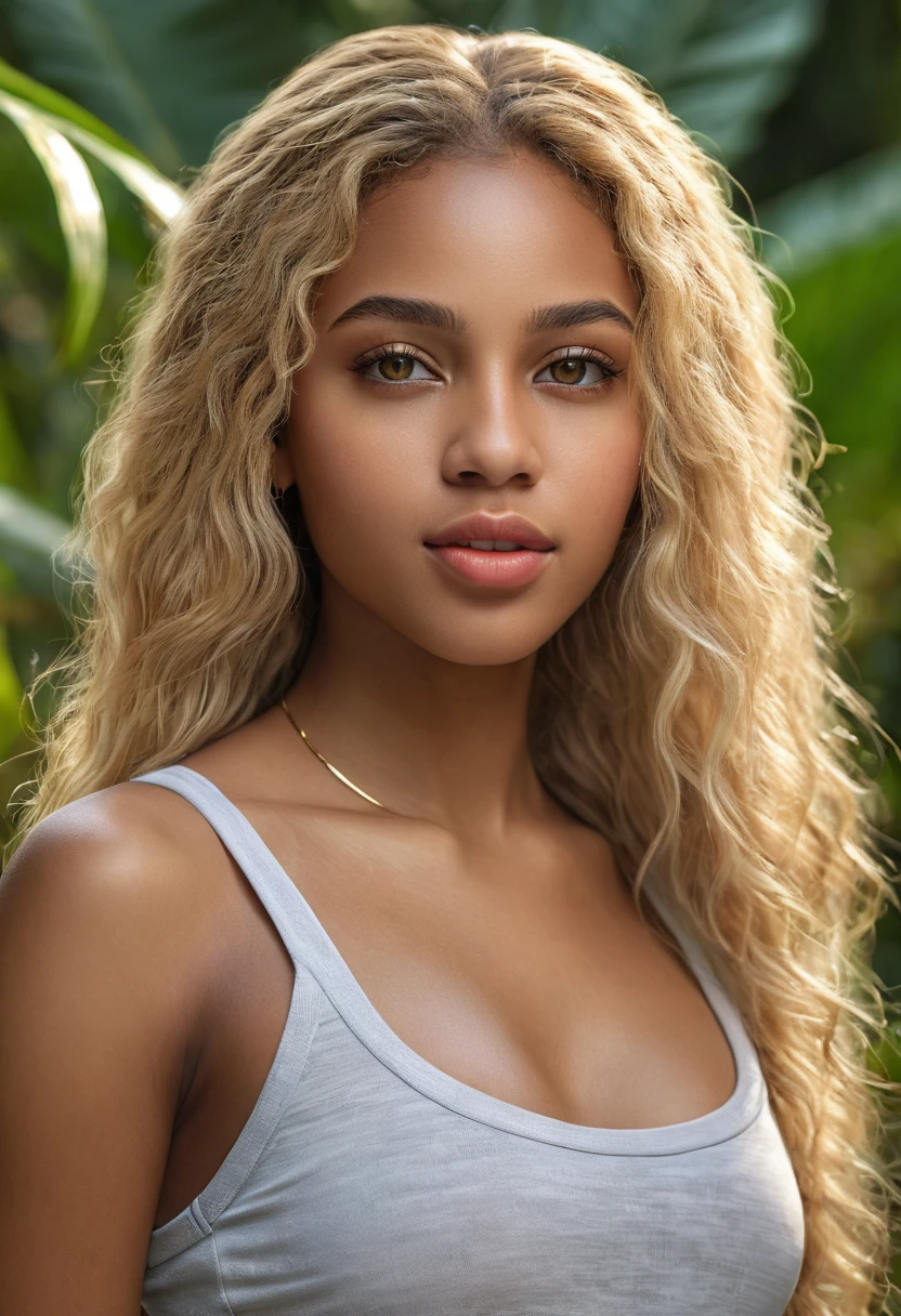 Pretty sexy African American woman 20 years old blonde curly hair at the waist, yeux verts clairs, forte poitrine, corps parfait, Mini bikini, looking back, gros cul, Un sourire humble, Bas en maille sur les cuisses, Bon abdos, Belles jambes longues sexy, (photo-realistic: 1,5) (tmasterpiece: 1,5) (beste-Qualit: 1,5) (Color Corrected) (Envelope Details: 1,5) (8k)Full body photo