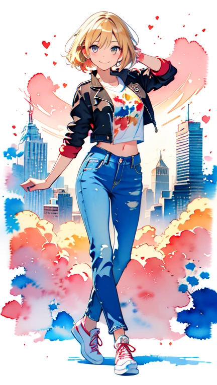 (masterpiece:1.2, Best Quality),(Very detailed),(((watercolor))),8k,wallpaper,(Black Jacket),(Pop T-shirt),(jeans),(sneakers)LD,White women,dancer,Dancing in New York City,(blonde),(((Front))),(((whole body:1.5))),(smile),((Detailed hand drawing)),((Beautiful female hands)),(((透明watercolor:1.4))),(((A dynamic dance))),New York in the background