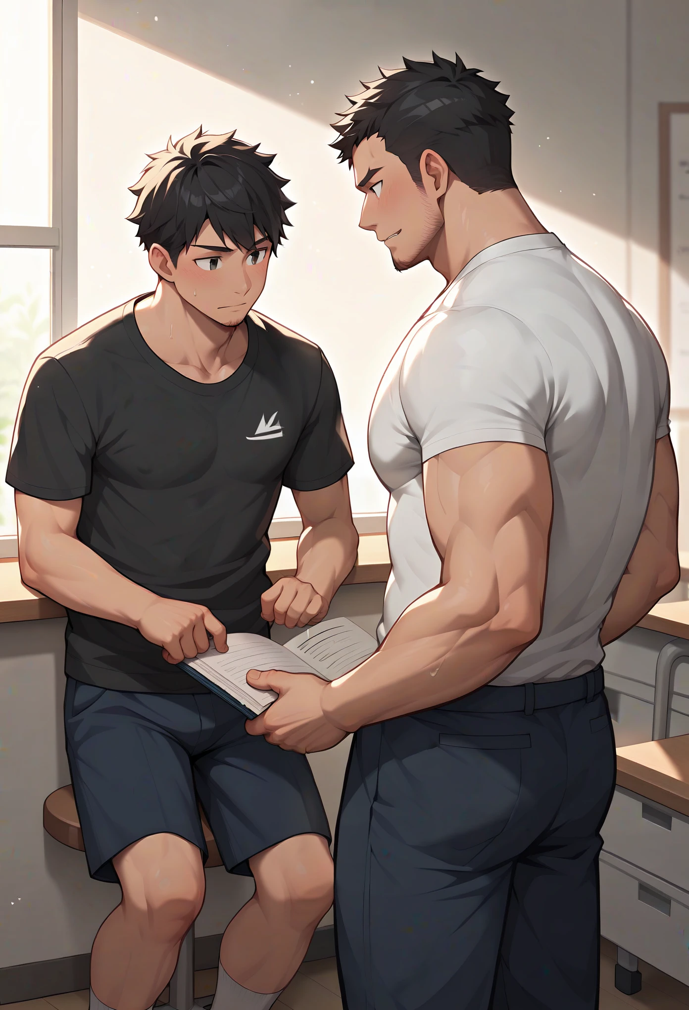 A boy is sitting studying in his room, while another man stands next to him, tutoring him. The boy is a Japanese male high school student with short black hair, wearing a T-shirt and shorts. The other man is a Japanese male in his 30s with short black hair, slightly hairy, and wearing a formal jacket.