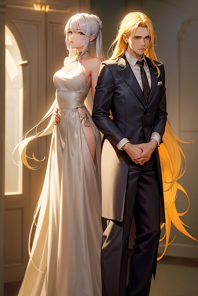 Man standing behind and covering  mouth A very beautiful young woman with long yellow hair, wearing a long silver dress,the girl want escape from the man, (arms behind back:1.4)