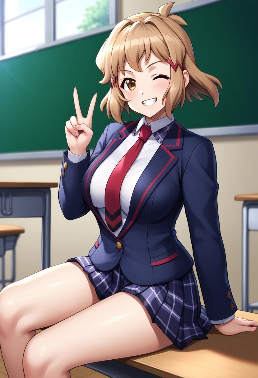  (((masterpiece))), (((Best quality))), (Very detailed), (full body), classroom, sitting on a chair, tachibana hibiki (symphogear), short hair, 1girl, brown hair, hairclip, brown eyes, school uniform, white shirt, red necktie, pleated skirt, open jacket, blazer, beautiful breasts, happy, grin, one eye closed, peace,,