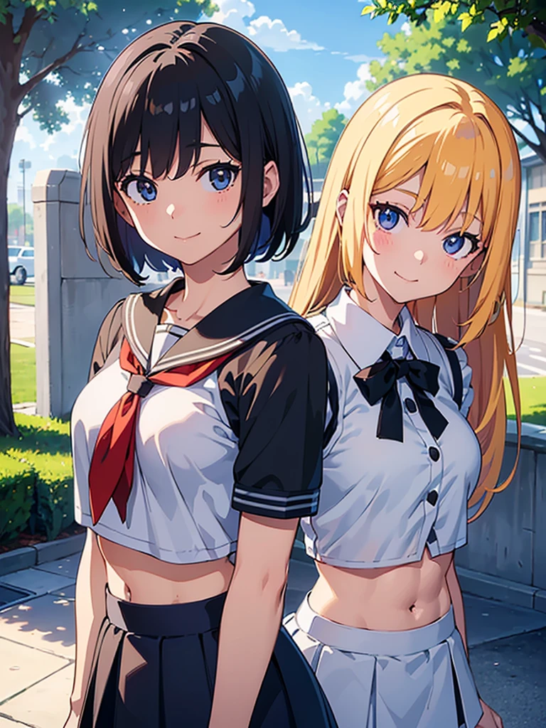 masterpiece, best quality, ultra detailed, ultra high resolution, very detailed face, ((anime)), (((slanting view))), (((upper body only))), (((2women))), ((tall)), ((school uniform, croptop, very short skirt)), (medium breast), (six pack abs:1.12), ((little smile)), walking in the plaza, outdoor
