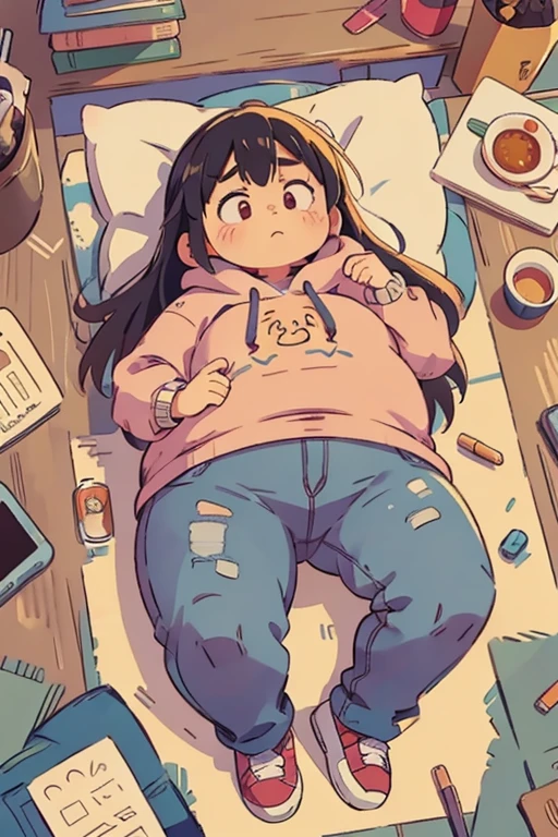 Thick eyebrows,woman,hoodie,Jeans,Cafe,Looks sleepy,From above,nap,Chubby,fat,Plump