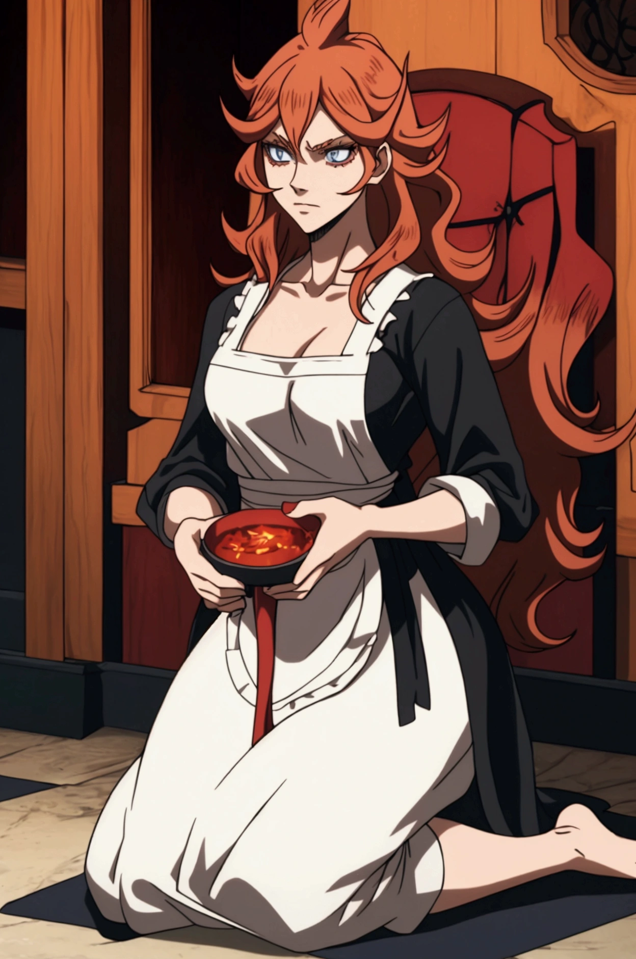 Scoring_9, Scoring_8_above, Scoring_7_above, source_anime, 1 , Alone, big breasts,  , redhead blue eyes dark pupils, black  clover , maduro, Mature female, short kitchen apron ,plunging neckline Rating: Em geral, dentro da House, House ,kneeling looking at you waiting for your order , see through, transparent is hypnotized by you waiting for your command, mereoleona vermillion cabelo ruivo , Long hair 


