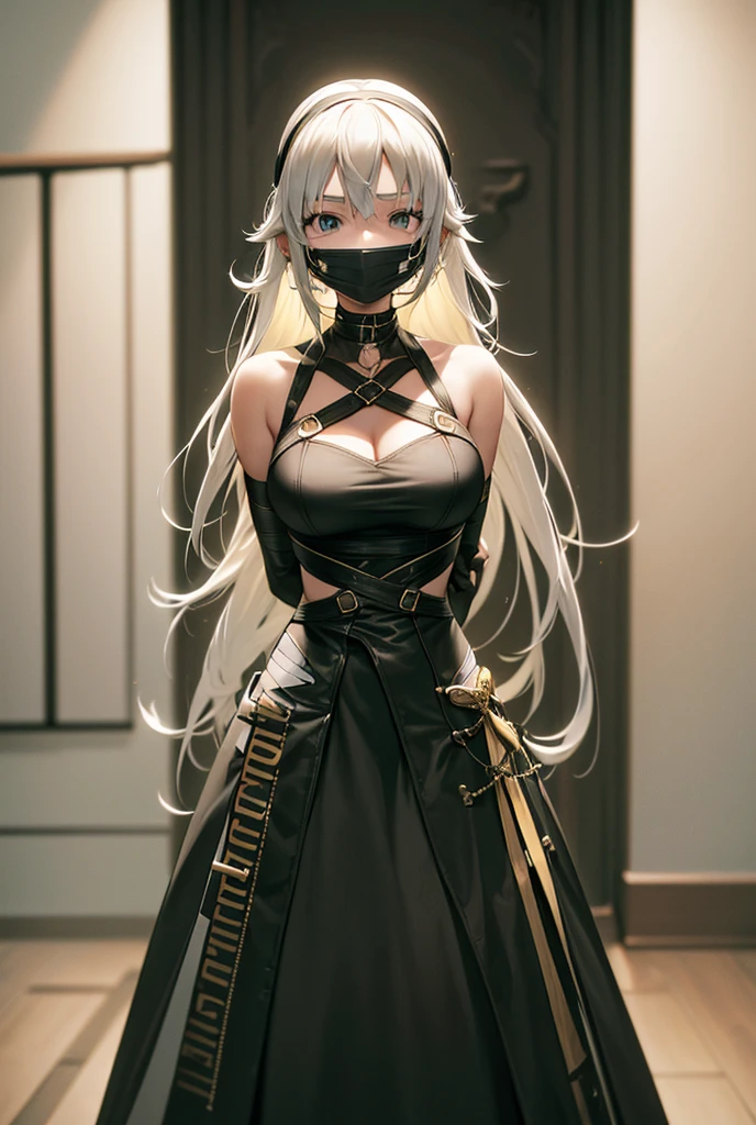 A very beautiful young woman with long yellow hair, wearing a long silver dress,goggles, goggles on head, long hair, choker, bound, bondage, (arms behind back:1.4), bdsm, tape gag, tape, tape bondage, close-up, restrained, best anatomy, half body, tape wrapped, wrap gag, tightly bound, tape wrapped around face, tape above breasts, tape below breasts,