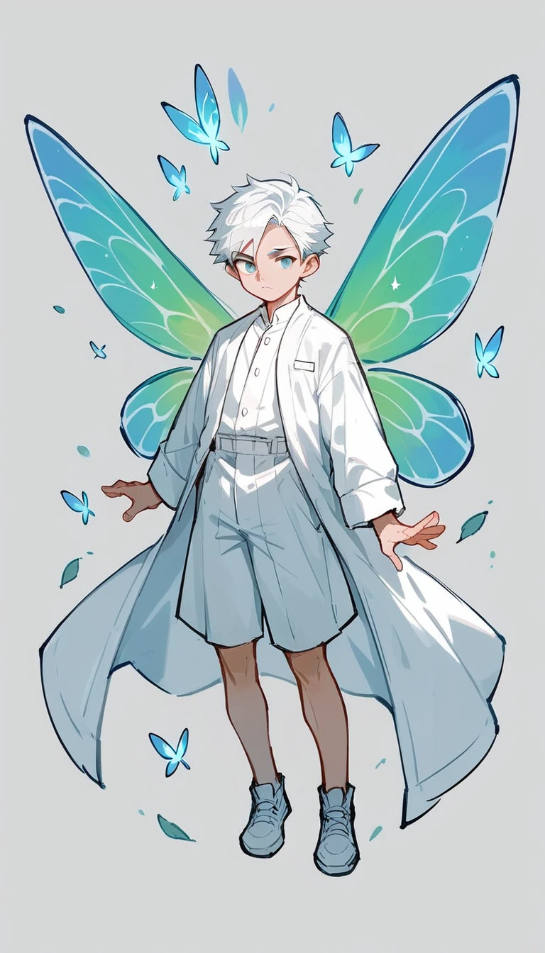 ****ung boy, handsome, solo, short tousled white hair, white robe, colorful fairy wings, sketch, full body, fairy magic, powerful