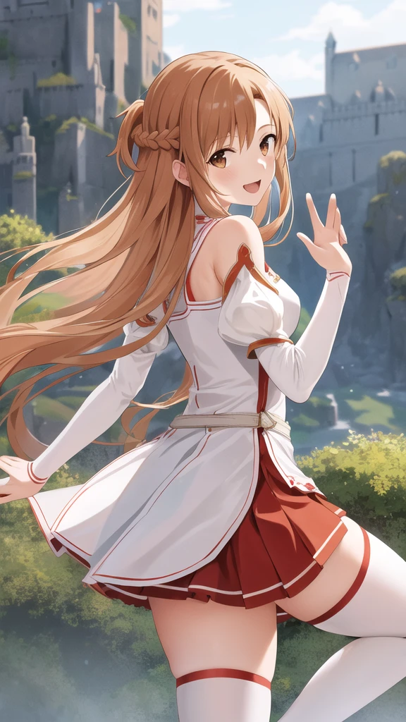 Star, asuna, wide, Brown hair, braid, Brown eyes, bare shoulders, armor, breastplate, white sleeves, separate sleeves, Red skirt, pleated skirt, white thighs, undulation, SMILE, Leaning forward, Open mouth, City, Fancy