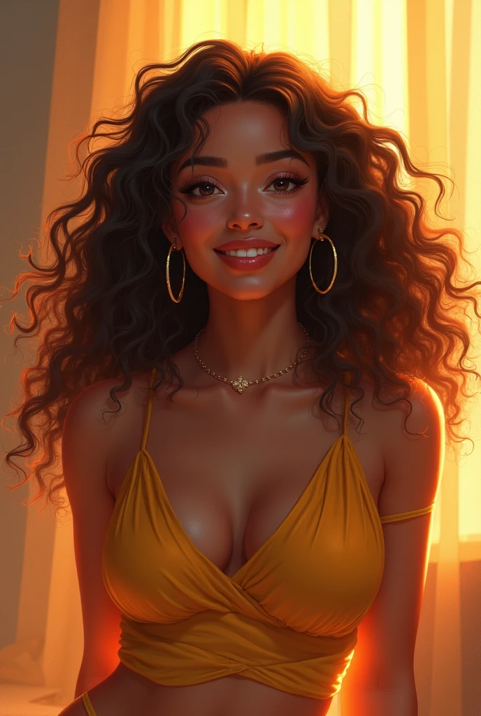 Create an ultra realistic detailed illustration of a tall, voluptuous woman, with coffee-colored skin and pronounced curves, wearing an orange dress with a floral print. Her hair has two color tones that are chocolate with lighter tones. , form voluminous curls that frame a sensual face. Her large, golden eyes shine brightly in the light, contrasting with a wide, contagious smile that reveals perfect, white teeth. The pose should emphasize your exuberant beauty and confidence..