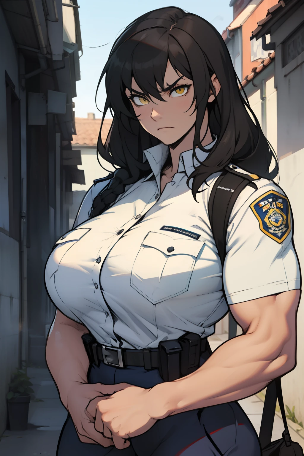 huge breasts huge breasts huge breasts muscular muscular muscular thick thick thick black hair yellow eyes pale skin female sad frown police police