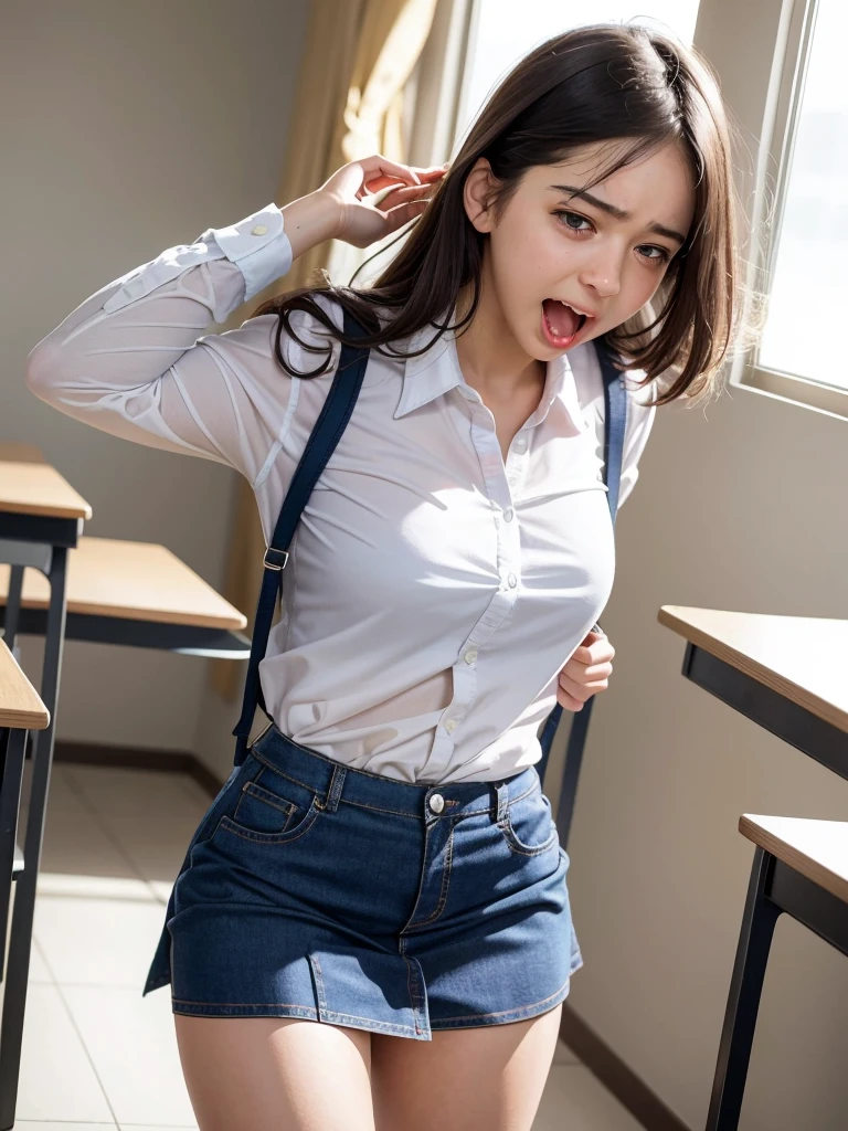 Beautiful innocent schoolgirl in disheveled clothes screaming with her mouth open in shame:1.2, Vivid and realistic, While I was changing in the classroom, a middle-aged man suddenly walked in., Face close up, She tries to hide her panties with a mini shirt but it doesn&#39;t cover them, Being molested by a horny middle-aged man:1.3, A middle-aged man begins to remove the clothes of a high school girl, A beautiful girl with a baby face like an idol, She is forced to expose her panties in front of a man and poses shyly with an expression of embarrassment and fear., Panties soaking wet with , A wavy, one-cut, layered princess cut:1.3, Confused by viewers&#39; lewd gazes, Ultra-high resolution, 2k, Clear white skin, Slender body, Japanese, Anatomically correct