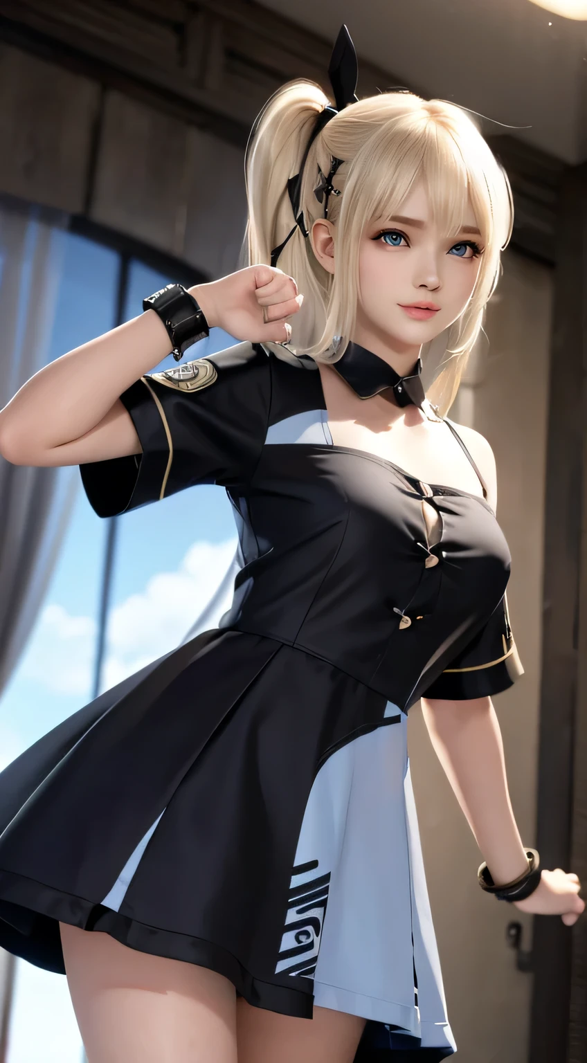 Marie Rose、blondehair、((ar old)hair((Wavy, Black)), Eyes((Smart Eyes, Black)), Clothes((satin, Mini dress, Ribbon trim, Light blue, Light blue)), Accessories ((hair clips, shock, Bracelet)), Ponytail, huge tit, huge-breasted, Korean Makeup Look, Happy, stage, Spotlight, concert, Smiling, Smile expression, Dancing, clothing name zudoteki
