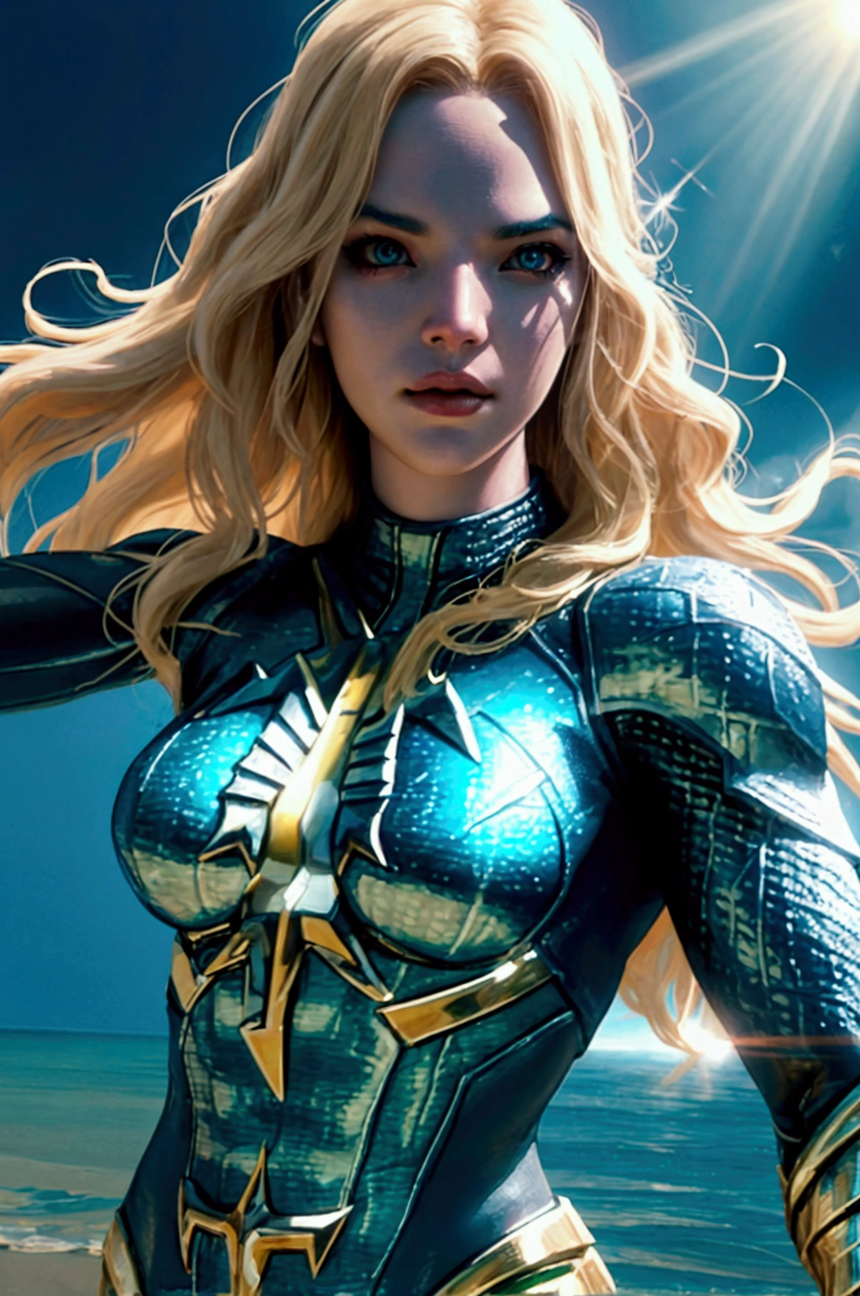 (((From the very first close-up, a beautiful woman Adriana Lima under the mantle of the Kryptonian Kara Zor-The alias Supergirl blonde hair(((Aquaman Costume)))front images splash color images)))(((Aquaman Costume)))