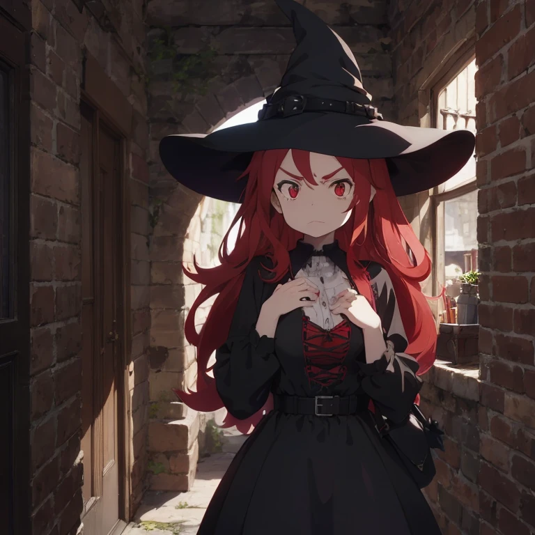 1 female, light red hair, long hair, red eyes, teenage girl, huge breast, black long sleeve dress, black nails, sad face, gothic place, gothic house, dark sky, witch hat, moody face, demons, hell