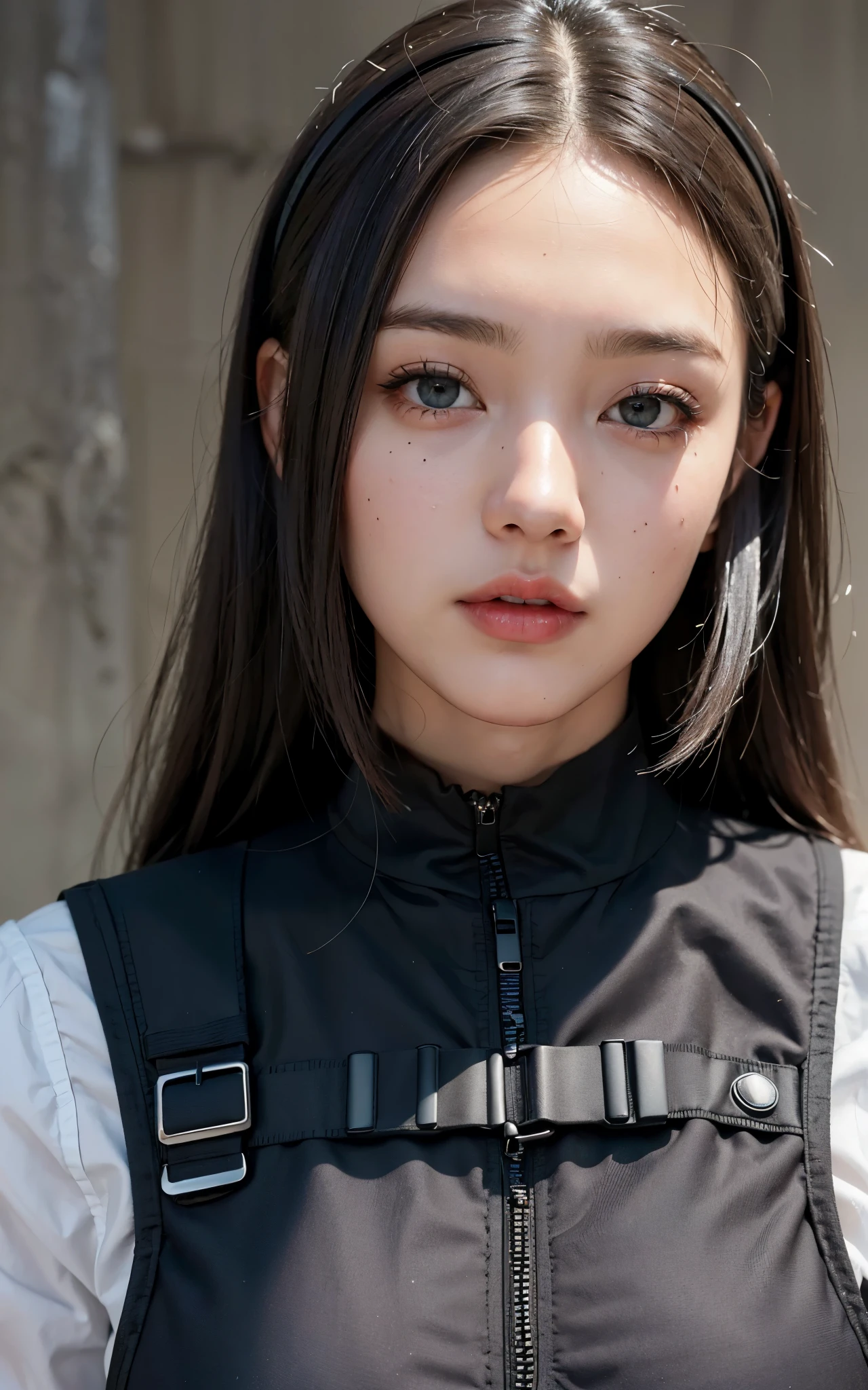 Highest image quality, Outstanding details, Ultra-high resolution, (realism: 1.4), ((close up:0.75)), Best example, Favor the details, Highly concentrated 1lady, 20 years old, beatiful and delicate face, Eyes with spirit,Long hair,Temperament,Perfect proportion,full-body shot (upright, Normal breast, Chubby:0.4), (Wear, Black-gray mech, Military wiring harness, Holding a machine gun), team leader, Simple gray wall background,