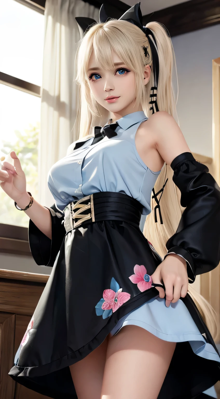 Marie Rose、blondehair、((ar old)hair((Wavy, Black)), Eyes((Smart Eyes, Black)), Clothes((satin, Mini dress, Ribbon trim, Light blue, Light blue)), Accessories ((hair clips, shock, Bracelet)), Ponytail, huge tit, huge-breasted, Korean Makeup Look, Happy, stage, Spotlight, concert, Smiling, Smile expression, Dancing, play guitar zudoteki name
