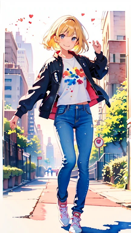 (masterpiece:1.2, Best Quality),(Very detailed),(((watercolor))),8k,wallpaper,(Black Jacket),(Pop T-shirt),(jeans),(sneakers)LD,White women,dancer,Dancing in New York City,(blonde),(((Front))),(((whole body:1.5))),(smile),((Detailed hand drawing)),((Beautiful female hands)),(((透明watercolor:1.4))),(((A dynamic dance))),New York in the background