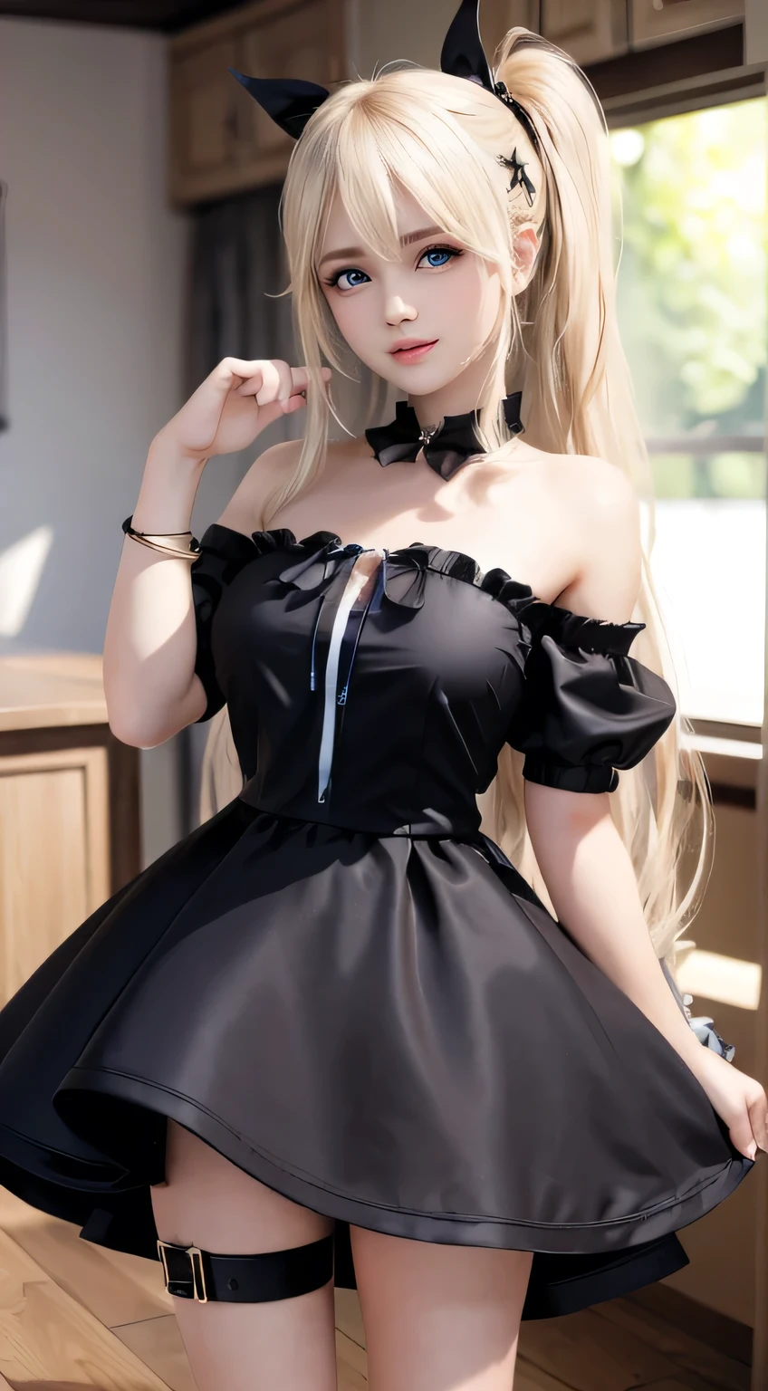 Marie Rose、blondehair、((ar old)hair((Wavy, Black)), Eyes((Smart Eyes, Black)), Clothes((satin, Mini dress, Ribbon trim, Light blue, Light blue)), Accessories ((hair clips, shock, Bracelet)), Ponytail, huge tit, huge-breasted, Korean Makeup Look, Happy, stage, Spotlight, concert, Smiling, Smile expression, Dancing, play guitar zudoteki name