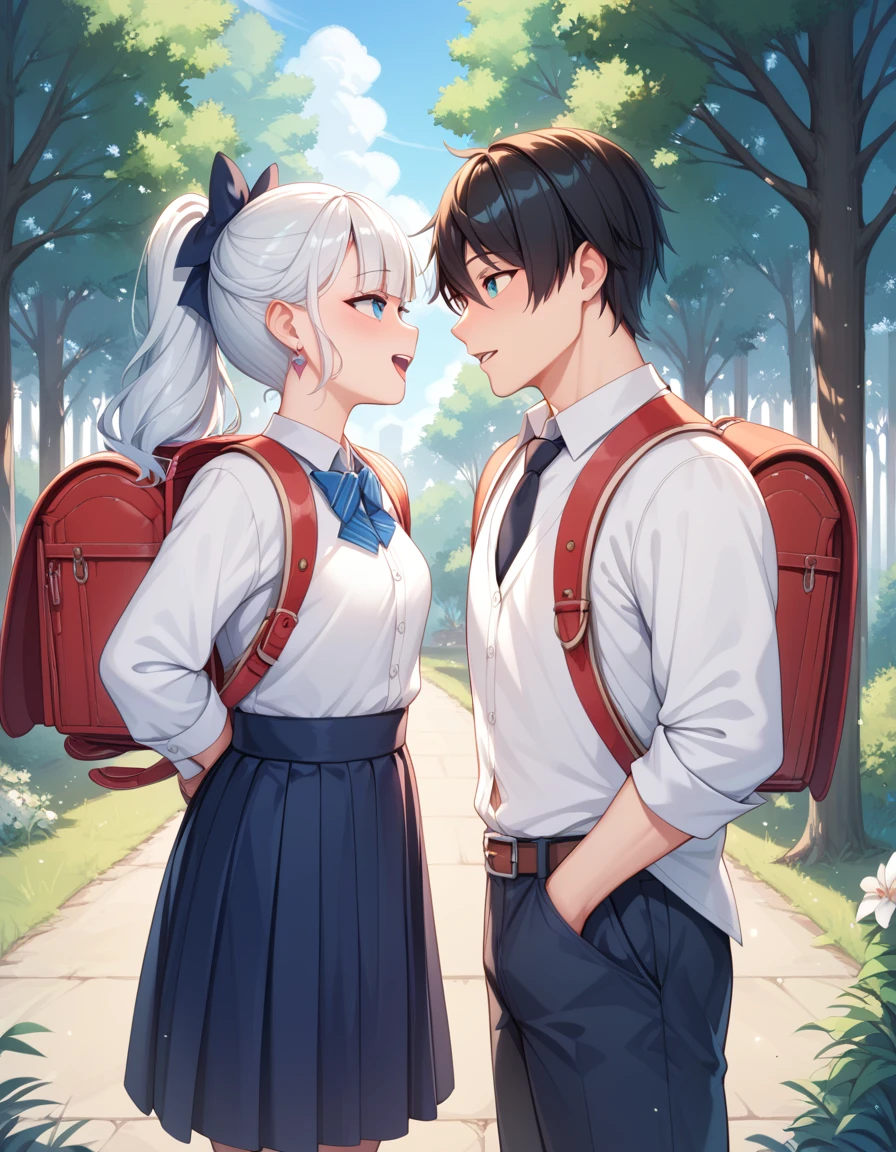 Masterpiece hd best quality, a couple of boy and girl wearing  costumes standing each other and wearing school backpack, (backpack:1.2), outdoor, prince and princess, kingdom 