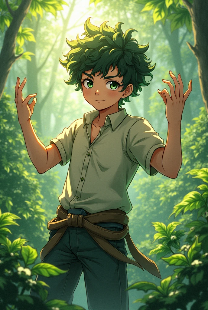 male focus, A charming young man with windswept hair, exploring a (lush rainforest), vibrant (wildlife and exotic plants) around him, light filtering through the canopy. Art Style: Impasto; Composition: natural environment; Artistic Style: Disney movie; Art Type: Impasto; Artistic Movement: Romanticism; Perspective: medium view; Fantasy elements: glowing flora; Light: dappled sunlight, ambient jungle light.