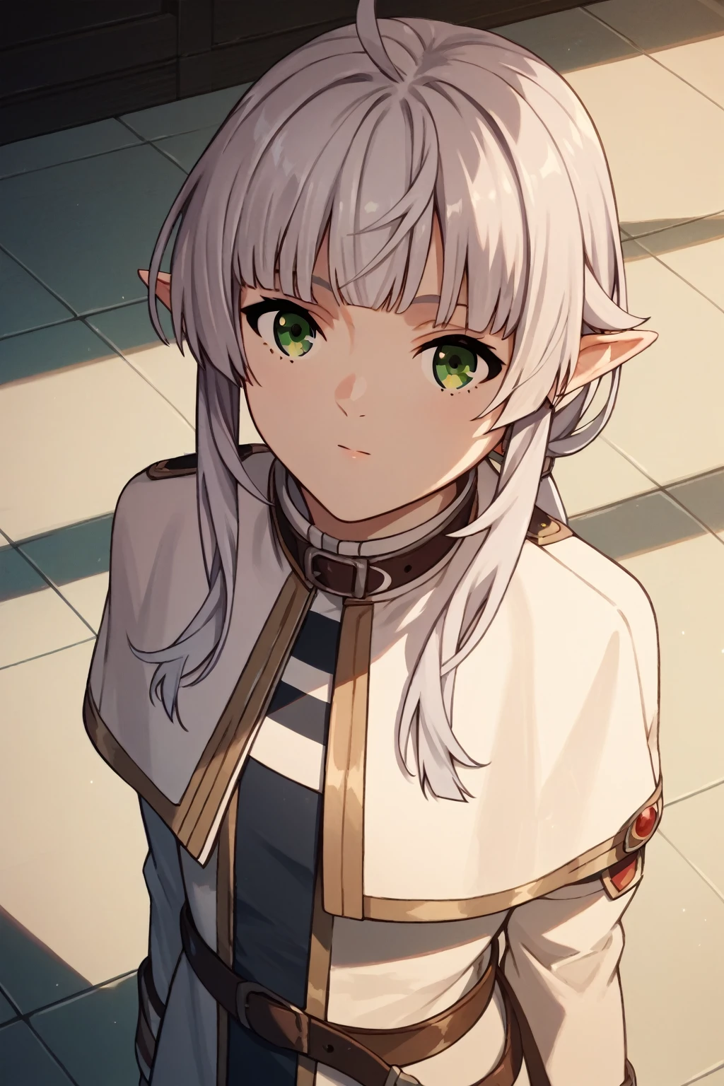 Sylphiette_Greyrat,bangs, Silver Hair,Long Hair,Yellow-green eyes,  White Capelet, Striped shirt, Long sleeve, belt, White Skirt, Black Pantyhose, Score_9, Score_8_up, Score_7_up, Score_6_up, Score_5_up, Score_4_up, 最high quality, masterpiece, Very detailed, high quality,Good quality,1 girl,(masterpiece,High resolution, Super detailed,8k,16k),View the viewer