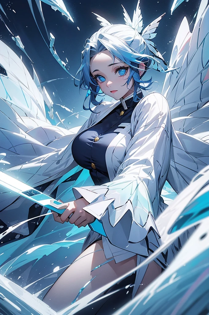 Young Short Female, Light Blue Hair, Dark Blue Eye with Water Drop Pupil, Masjestic Frence Dress, White Eagle Hood, Frence City Theme, Confident Emotion mood, Smile, 3D, Realistic, HDR, HD, Background, RTX, 2K, Masterpiece.