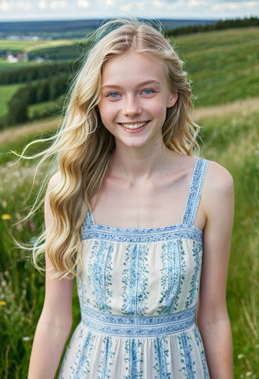 a beautiful skinny teenager, , Danish, pale skin, big smile, blue eyes, long wavy light blond hair, thin face, natural makeup, wearing a light summer dress, hyperdetailed photography, soft light, outdoor, Danish landscape, nordic light, summer