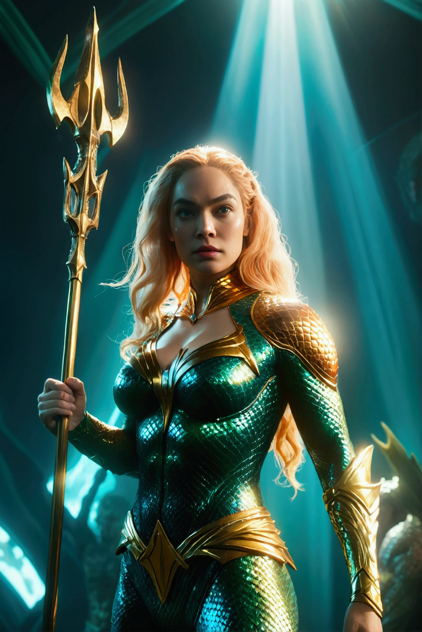 A woman dressed as Aquaman from DC, close-up shot, distorted space, undead figures in the background, lens flare, light rays, intricate details, highly detailed, volumetric lighting, 4K rendering, stock photo, surreal, realistic texture, dramatic lighting, Unreal Engine