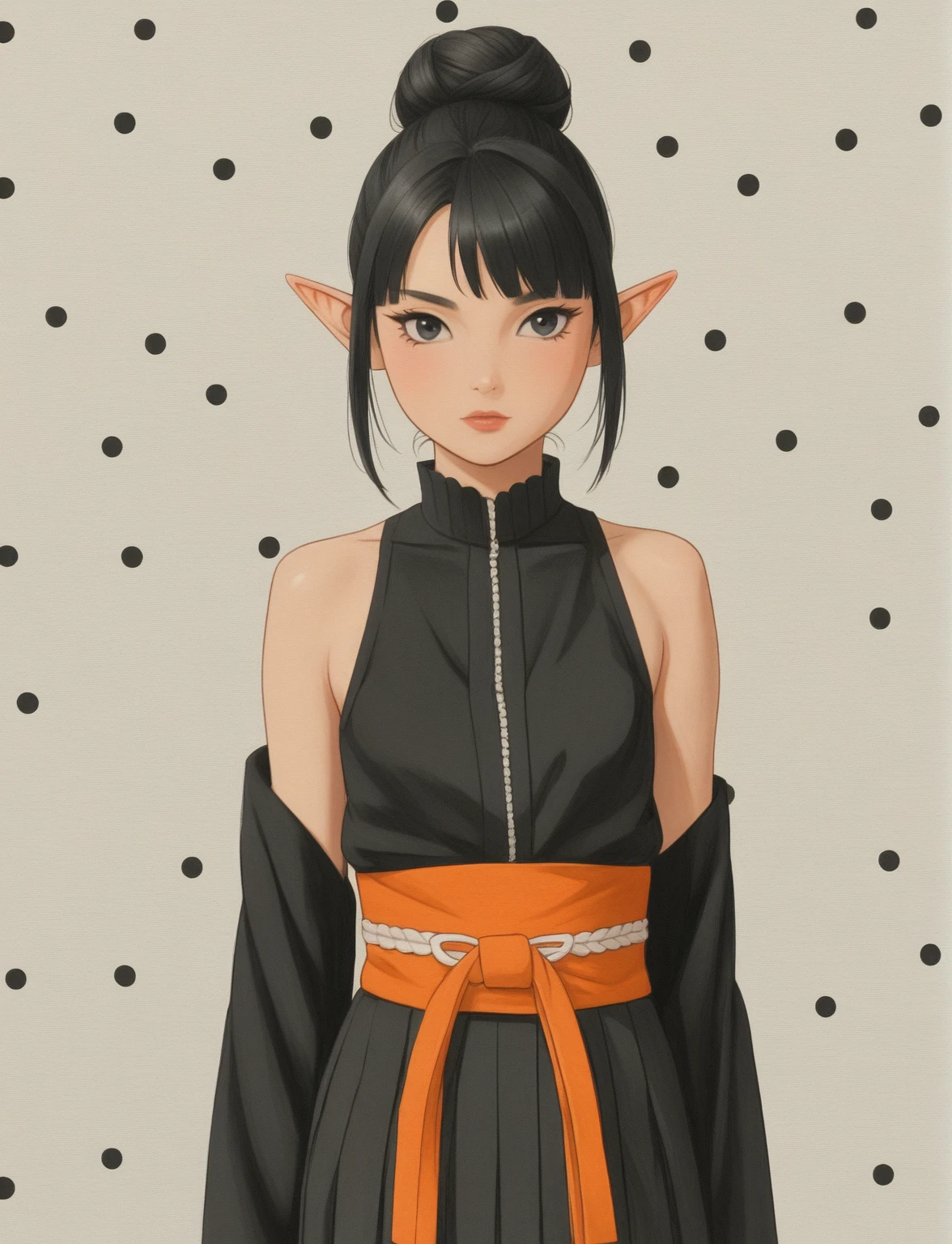 Create a digital illustration of a female character with almond-shaped black eyes, elf ears, and round dots instead of eyebrows. For the hairstyle, she should have black hair styled into a single bun at the back of her head, complemented by asymmetrically chopped bangs that transition into a long lock on one side. Her outfit should match short hakama with detached sleeves and frills under the shorts and the sleeves, in a gothic style, featuring intricate white lace patterns, detailed cutouts, and a white obi with a black seigaiha black pattern. The upper part of the outfit should be a sleeveless kimono blouse. The outfit should include layered skirts and ribbon details to emphasize a similar aesthetic. Add a muted background that complements her striking attire and hairstyle. Artwork in the style of guweiz, digital art inspired by the style of Ilya Kuvshinov.