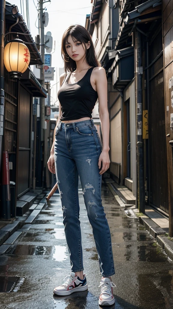 8k,Realistic skin texture、Superrealism、Realistic photos、Japanese women、、Stand with a Japan sword、Stand up to your full height.、The tip of the sword is pointed at me、Tank top,Oversized jeans、sneakers、Shinjuku back alley、Innovative Configuration、Full body photo、、A melancholic look、tattoo
