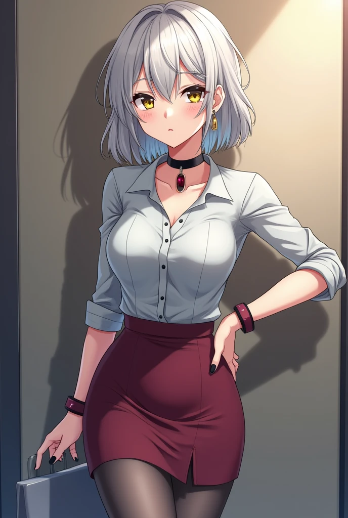 1girl, fiona frost, spy x family,office lady,business suit,white collared shir,tight skirt,blush,embarrassed,Passionate eyes, desaturated colors,hospital,foggy morning, melancholic expression,in the working,masterpiece, best quality, absurdres,