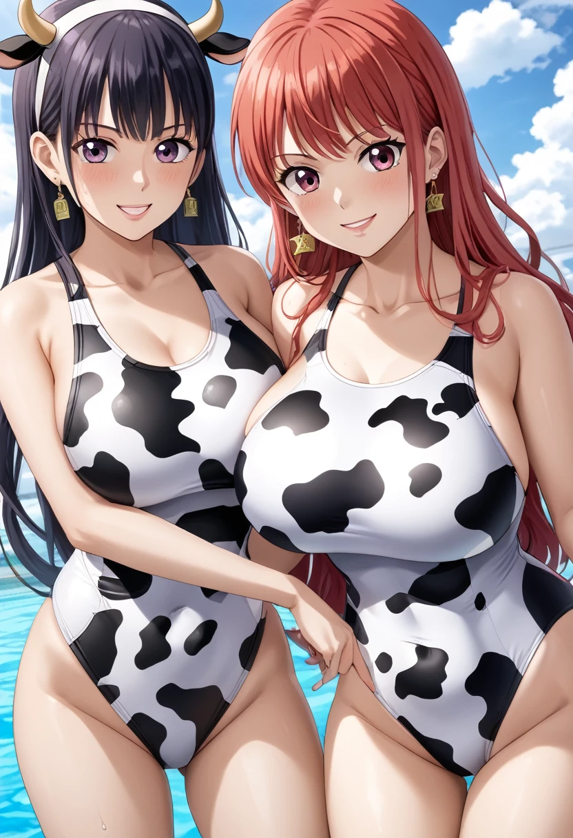 (Best Quality, masterpiece:)Ultra-high resolution、Two women in swimsuits standing side by side, Wetsuits, Japanese Model, Young and beautiful gravure idol, tight, , Wearing a random leotard, sakimichan hdri, 、High Leg、Large Breasts、bangs、Wavy long hair、Earrings、Beauty、Victory smile、Cow print one piece swimsuit、(Cow print competitive swimsuit)、Look forward and at the camera、