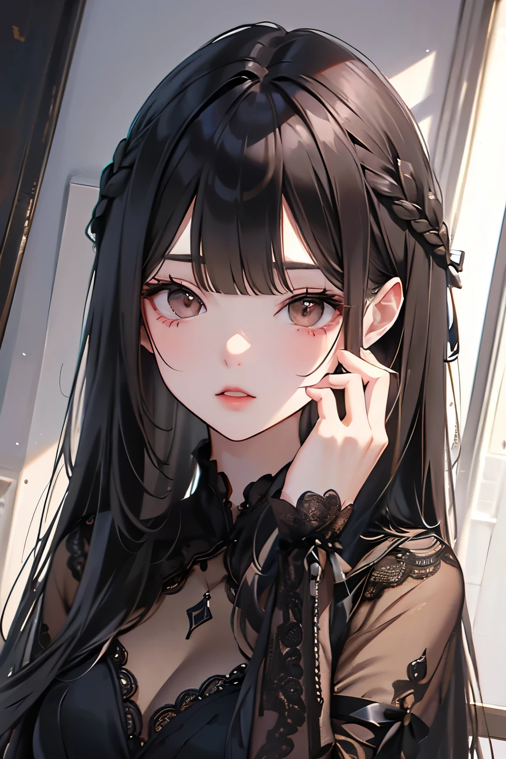 best quality, highres,Slender、Brown eyes、tall、Black Hair、(Long Hair:1.3),(Straight Hair:1.3)、(Bangs:1.3)、7th life、Looking up、Thick lower eyelashes、Black lace dress
