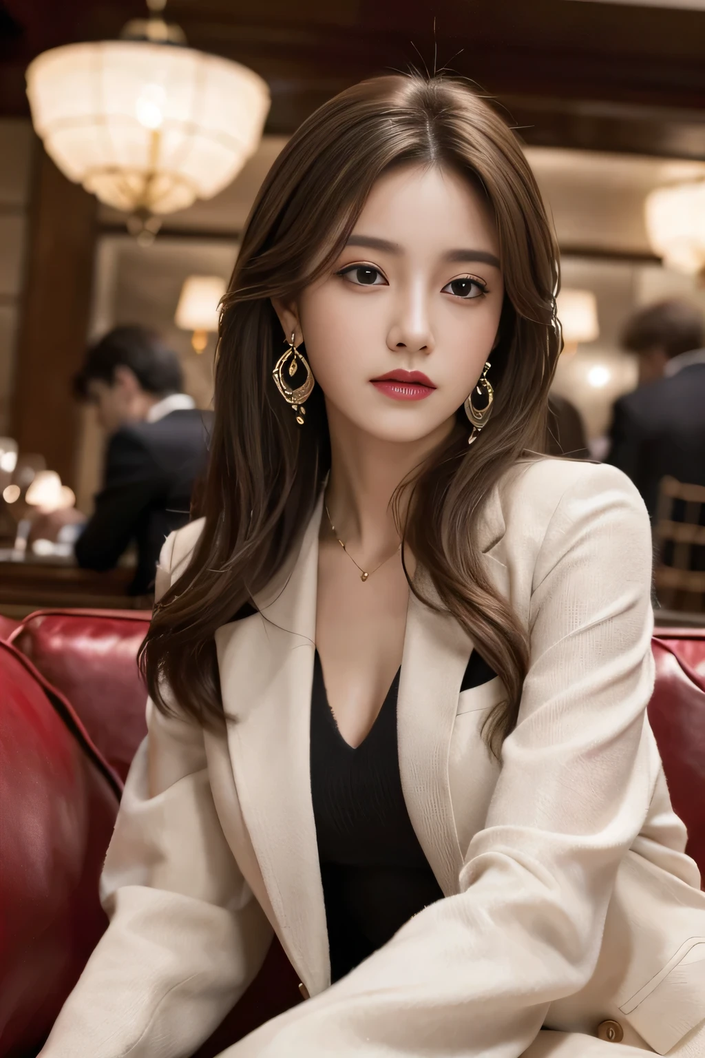 masterpiece, Highest quality, Realistic, Very detailed, Finer details, High resolution, 8k wallpaper, One beautiful woman, Wear a nice suit, In a great restaurant, At night, Light brown messy hair, Perfect dynamic composition, Beautiful and beautiful eyes、Big earrings、Sit on a chair、