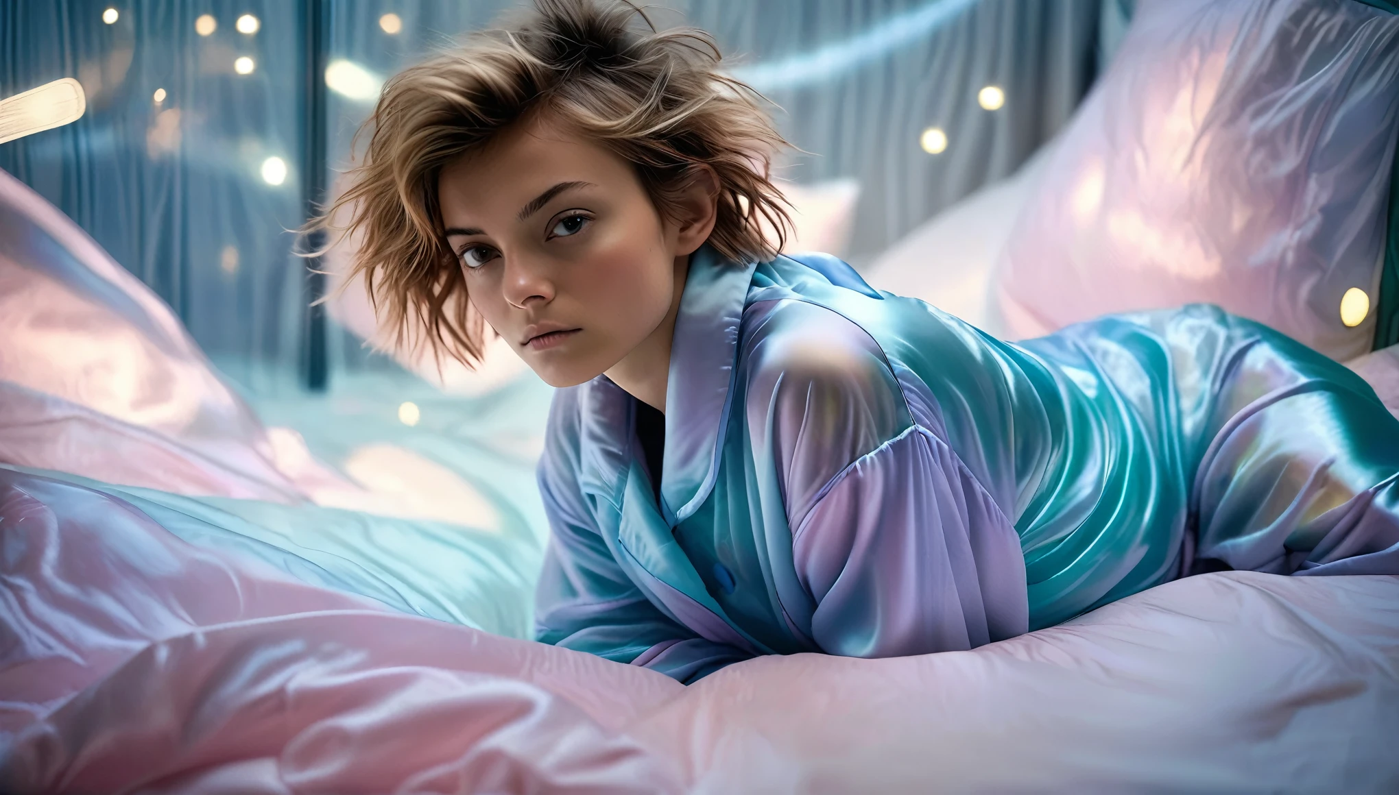 Top Quality, Masterpiece, High Resolution, 8k, (photorealistic:1.4), full body, (oversized silky see-through pajama.:1.1), spaceship, bed with puffer bedlinen, dim light, beautiful woman, skinny, small breasts, pixie asymmetrical hair, detailed face, shy expression, facing the camera, photo taken from a distance, age of 20 years old, pastel colors 