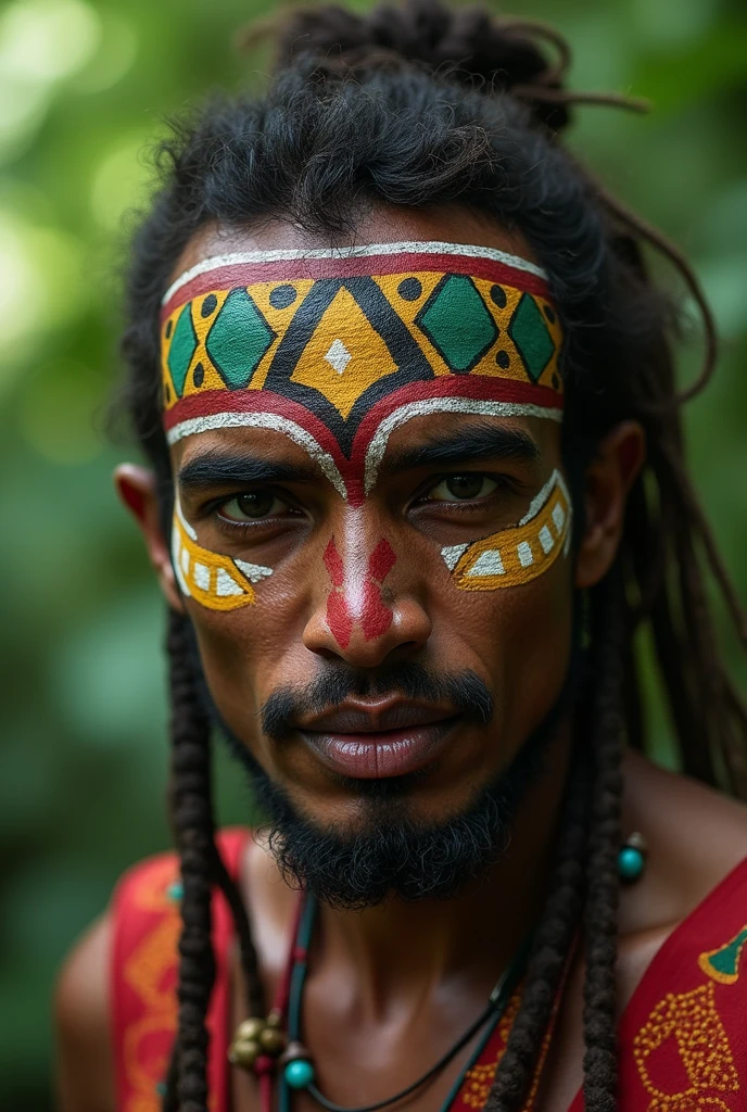 (((indigenous man))) best qualityer, very high resolution, Detailed CG in 4K, work of art, Amazon Brazil, Indigenous, Indigenous tribes, Indigenous city, forst, aesthetics, Beautiful picture, centered on screen, whole body, green eyes Long hair side shaved war paint face