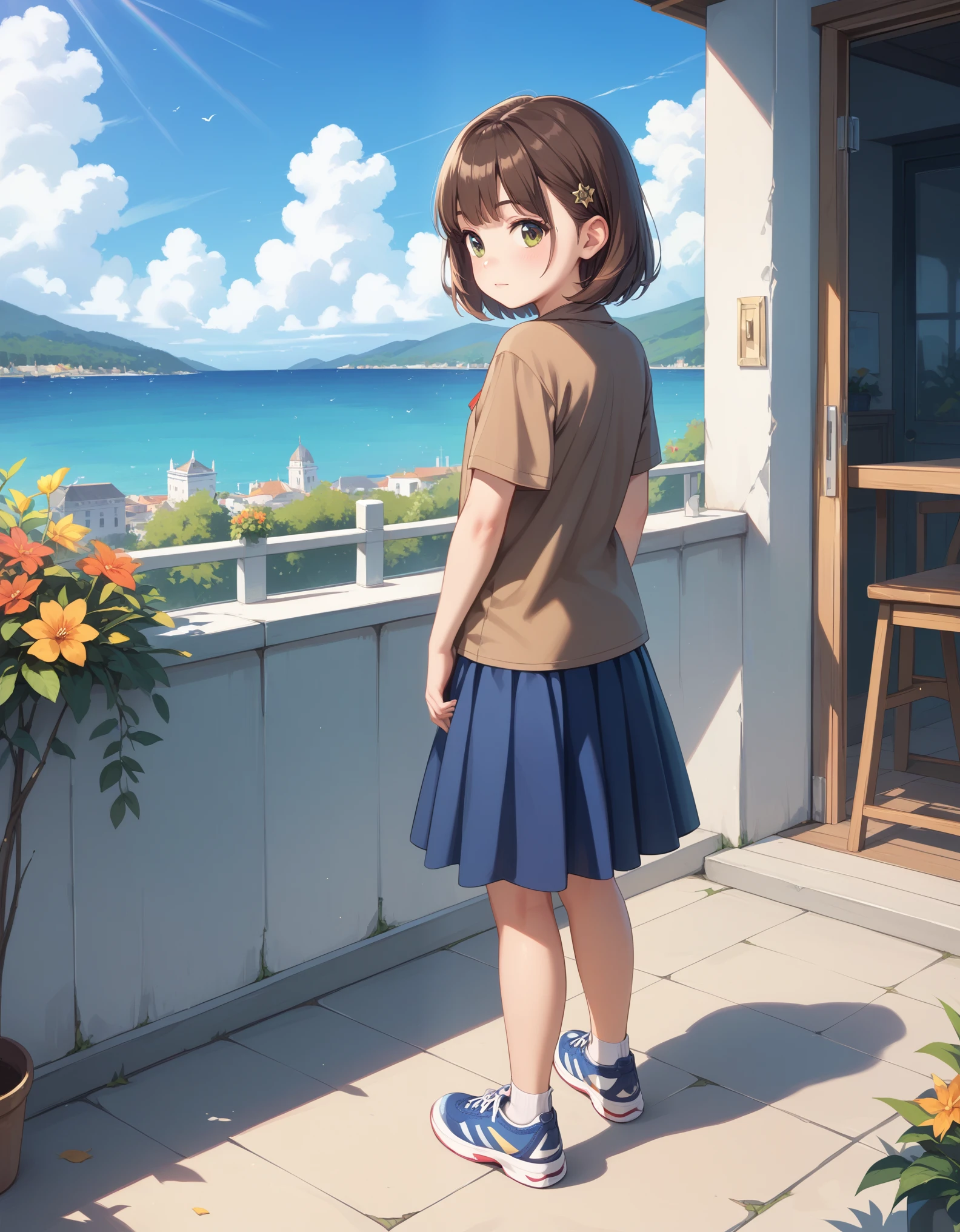 score_9, score_8_up, score_7_up,  masterpiece, best quality, highres, ultra-detailed,, 1girl, Bonnie, skirt, shirt, closed mouth, standing, full body, short sleeves, shoes, brown shirt, child,, hidden hands, hand back,, ((((ultra illustrated style:1.0)))) ,best animated, ray tracing, global illuminatio