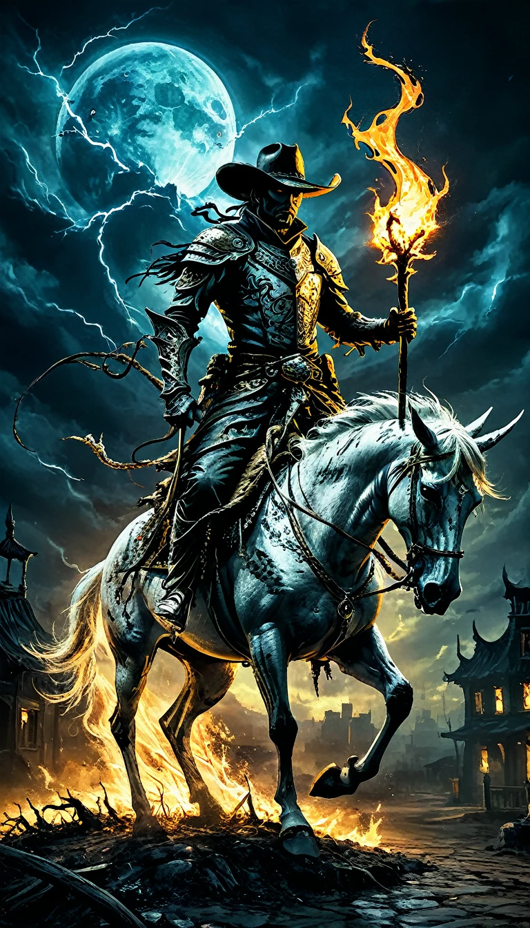 ghostly knight with whip ((flames aurea)) cowboy hat, riding an undead horse, exposed bones, showing the whole body, Rearing, High quality. 4k, many details. Distant view. Masterpiece, accurate, detailed background, better quality, original work. full body, dark street background, night scenery. lights Broken, storm background, lightning falling, Broken glass around, (city ruins). Anatomically correct, Dead bodies around