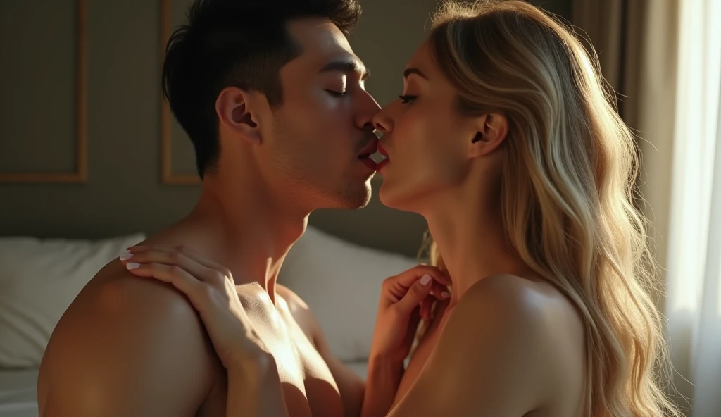 Perfect beautiful profile, Subtle expression, Like a scene from a movie, Man and woman hugging and kissing on the lips, Nude man with blond mash hair, JIMIN of BTS, Blonde, Chaeyoung of TWICE, Sweating, A room with the setting sun, Bust Shot, A dreamy look, 